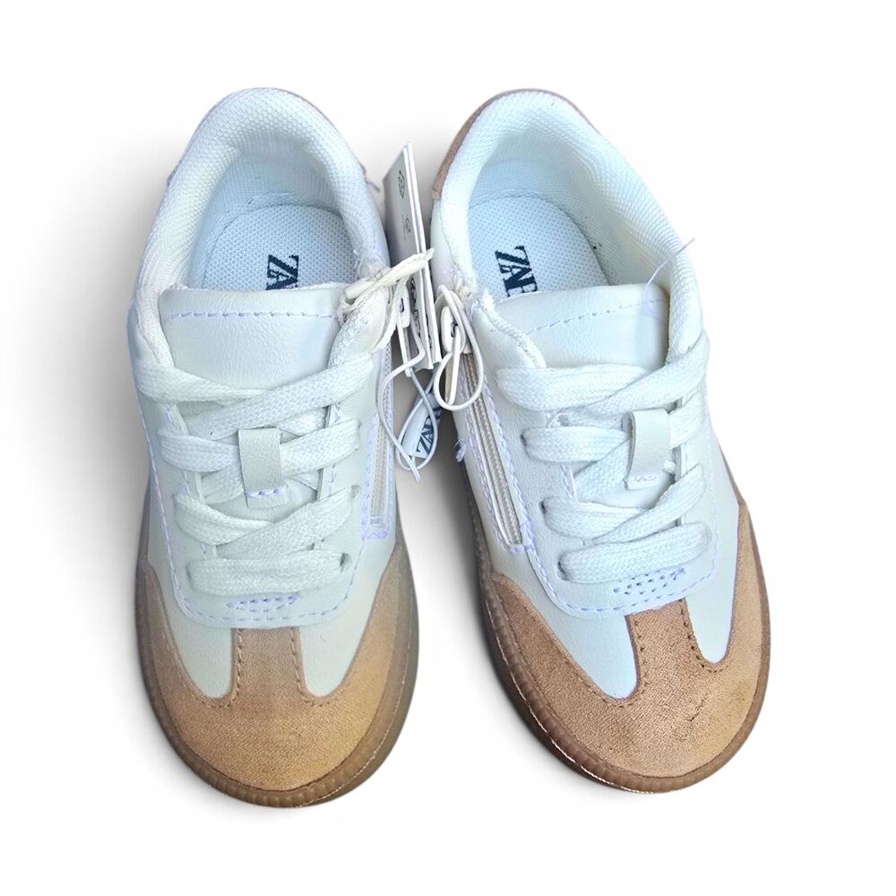 Zara Kids Low Top Sneakers US 6.5 White Beige Leopard Print Lace Up Zip